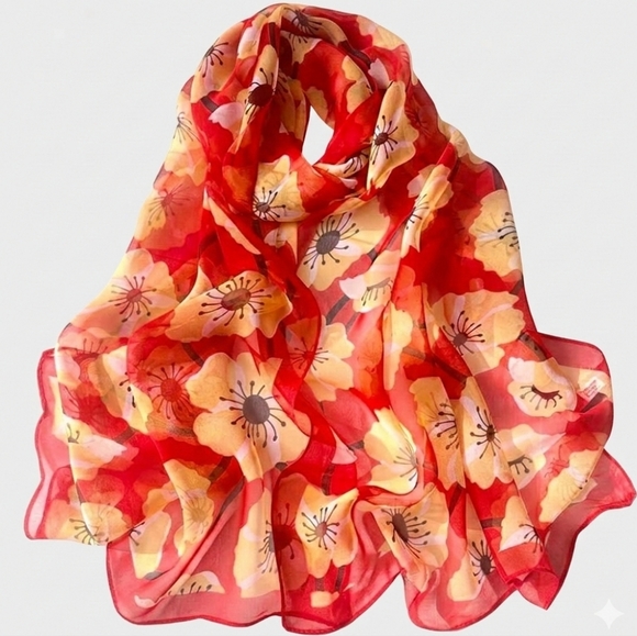 NWT Vibrant Red & Yellow Floral Chiffon Scarf Shawl 63" × 20" - Picture 3 of 6